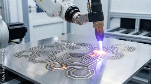 Industrial robotic arm performing precision metal cutting with laser technology in a modern workshop environment
