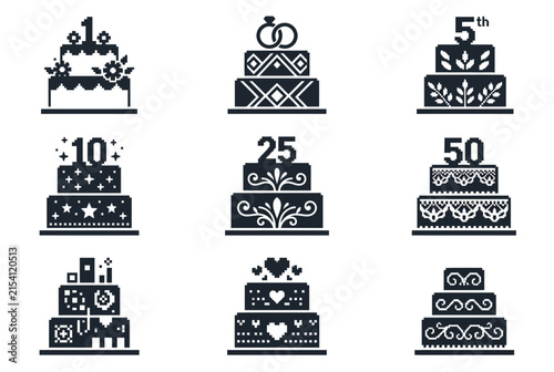 Anniversary and wedding cake milestone icons.