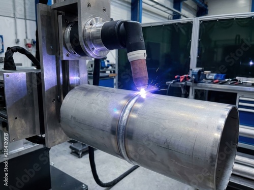 Innovative robotic welding technique applied to stainless steel pipes in a contemporary industrial workshop setting