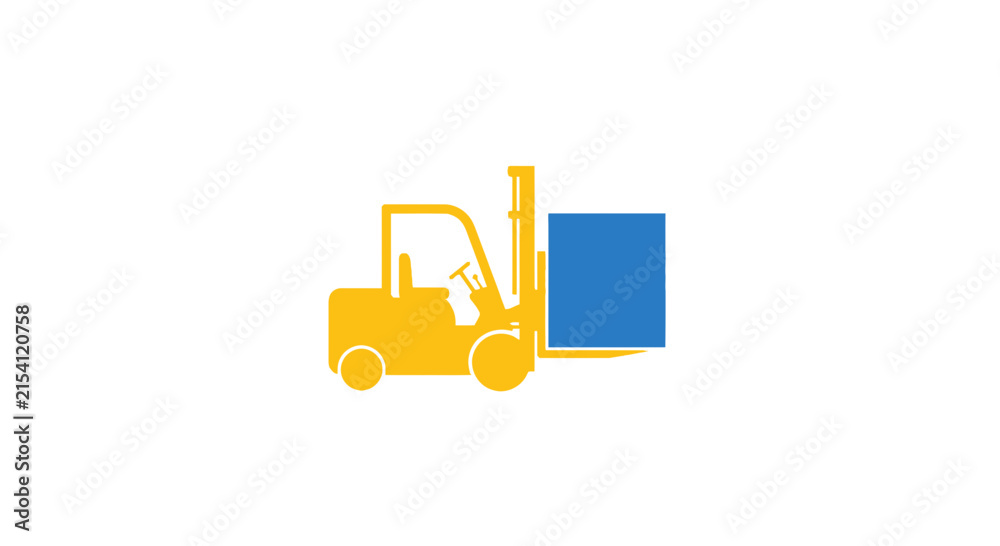 Fototapeta premium Yellow forklift truck lifting blue cargo box isolated on transparent background