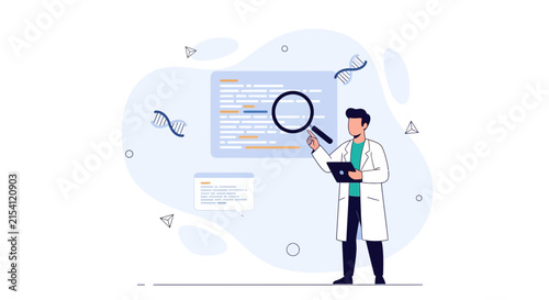 Scientist analyzes DNA sequence and code with magnifying glass, representing scientific research and technology.