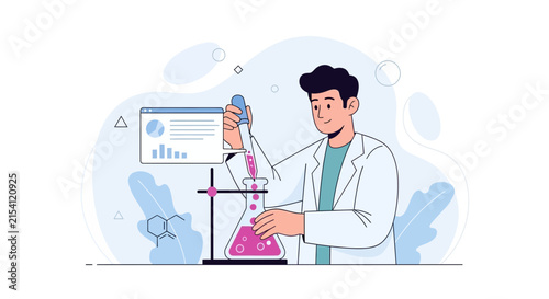 Scientist Conducting Chemistry Experiment with Pipette and Flask, Data Analysis Screen Background