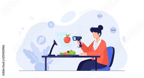 Scientist analyzing fruits and vegetables with handheld scanner, showcasing vitamin content and healthy eating concepts.