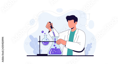 Scientist Conducting Experiment in Laboratory with Flasks and Pipette - Modern Flat Illustration