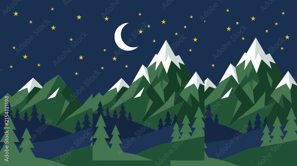 Fototapeta premium Majestic snow capped mountain range vector illustration featuring lush green pine forests under a dark blue starry night sky scenery