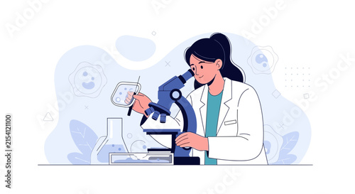 Scientist in Lab Coat Examines Sample Under Microscope, Flasks and Petri Dish Nearby, Vector Illustration
