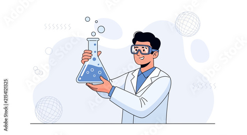 Scientist in Lab Coat Holding Flask with Bubbles, Science and Research Concept Vector Illustration