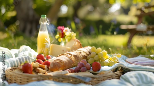 A Lush Outdoor Picnic Spread Featuring Fresh Baguette, Juicy Fruits, and Refreshing Beverage on a Sunlit Blanket Surrounded by Nature's Beauty