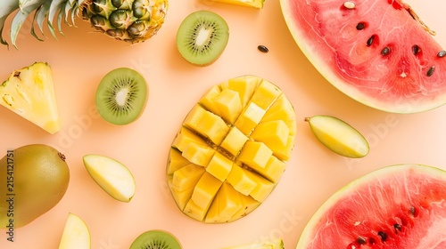 Vibrant Display of Tropical Fruits: Pineapple, Mango, Kiwi, and Watermelon on a Soft Pink Background for a Refreshing Visual Experience
