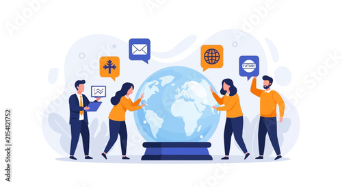 Team Collaborating Around Globe, Global Business Strategy and Future Planning Illustration