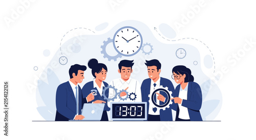 Team Collaboration and Time Management Concept: Business People Working Together with Clock and Gears