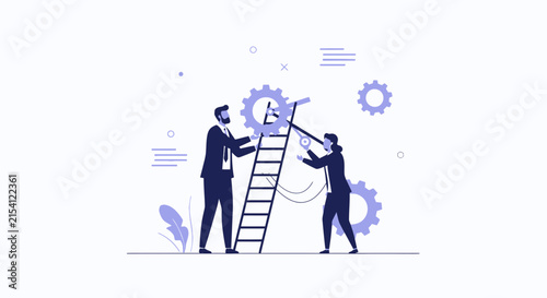 Teamwork and Collaboration: Business People Assembling Gears on Ladder for Success