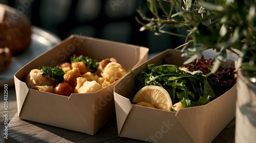 Aesthetic Presentation of Vibrant Vegetarian Dishes Served in Eco-Friendly Containers Perfect for Casual Dining or Outdoor Gatherings