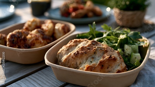 A Satisfying Meal Featuring Freshly Baked Bread, Delicious Savory Dishes, and Colorful Side Salads for a Perfect Dining Experience