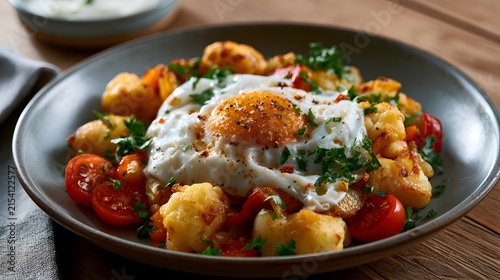 Delicious Tray of Spiced Cauliflower and Cherry Tomatoes Topped with a Perfectly Fried Egg Garnished with Fresh Herbs