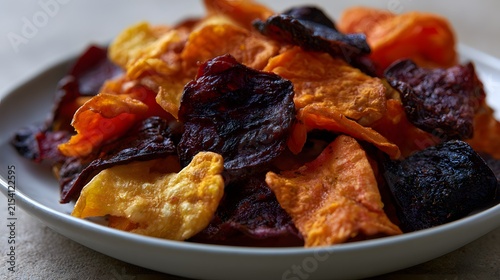 A Colorful Array of Crispy Vegetable Chips Featuring Vibrant Shades, Crunchy Textures, and Natural Ingredients for Healthy Snacking