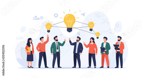 Teamwork and Innovation: People Brainstorming Ideas with Lightbulbs