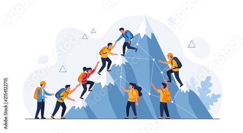 Teamwork and Success: People Climbing Mountain Together, Symbolizing Collaboration, Goals, and Achievement