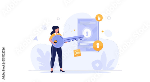 Woman Holding Key to Unlock Digital Security and Confidentiality Concept