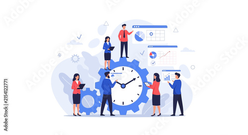 Teamwork and time management concept: Business people collaborating around a giant clock and gears, planning and analyzing data for efficiency.