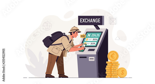 Traveler Exchanging Currency at an ATM Kiosk