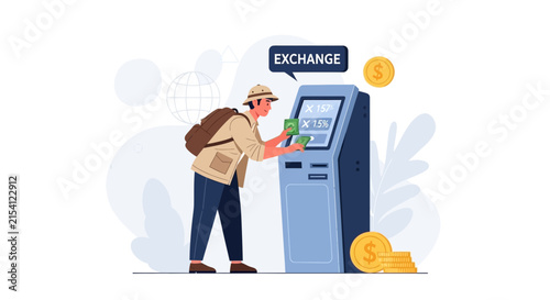 Traveler Exchanging Currency at Automated Machine - Vector Illustration