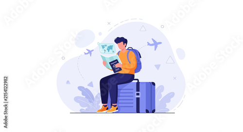 Traveler planning a journey with map and passport, surrounded by airplanes and nature elements, vector illustration.
