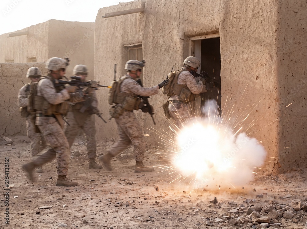 Obraz premium Elite Marines Breach Compound with Explosive Force, Engaging in Combat