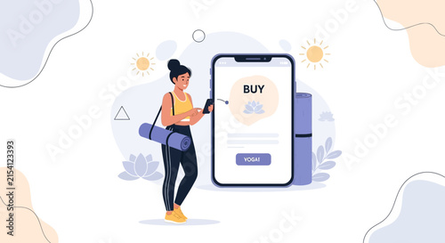 Woman Using Mobile App to Buy Yoga Class or Mats, Promoting Online Fitness and Wellness
