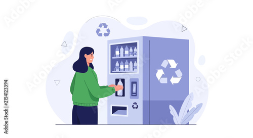 Woman Using Recycling Vending Machine for Plastic Bottles - Eco-Friendly Concept Illustration