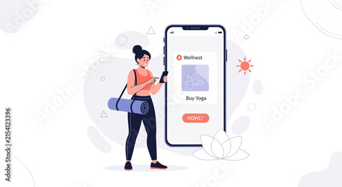 Woman using phone for yoga app, fitness, wellness, online class booking, healthy lifestyle concept
