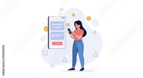 Woman Using Smartphone for Gamified Loyalty Program with Coins and Abstract Shapes