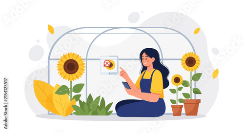 Woman Using Smartphone in Greenhouse with Sunflowers, Technology and Agriculture Concept