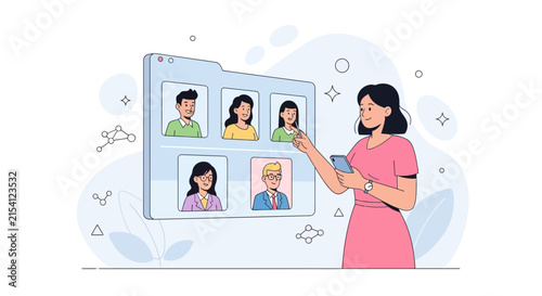 Woman Using Smartphone to Interact with Video Conference Interface Featuring Diverse Colleagues