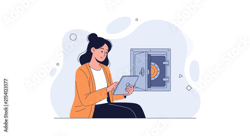 Woman Using Tablet to Access Digital Safe, Illustrating Online Security and Financial Management Concept
