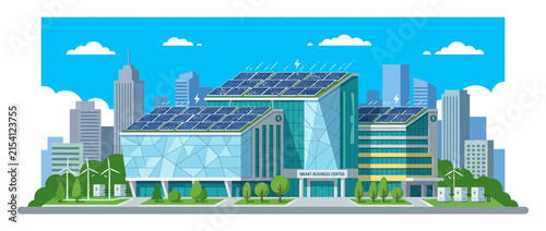 Modern City Buildings with Solar Panels and Wind Turbines, Sustainable Energy Concept