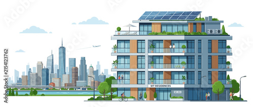 Modern Eco-Friendly Apartment Building with City Skyline and Solar Panels