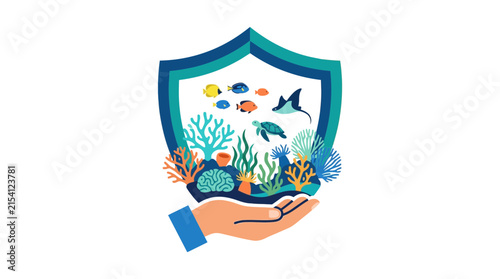 Ocean Conservation Shield Icon with Hand Protecting Marine Life