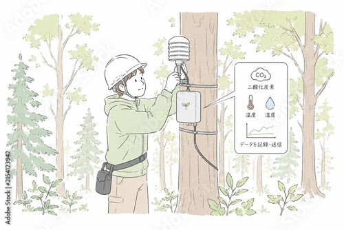 Plakat 森で二酸化炭素や温度を測定する環境センサーを調整する作業員