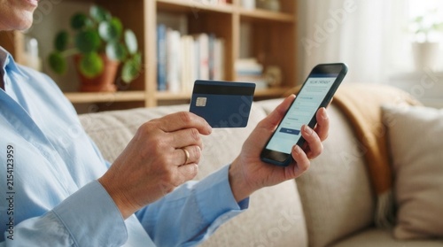 Person on Couch in Cozy Living Room Holding Credit Card and Smartphone for BNPL Online Payment Service