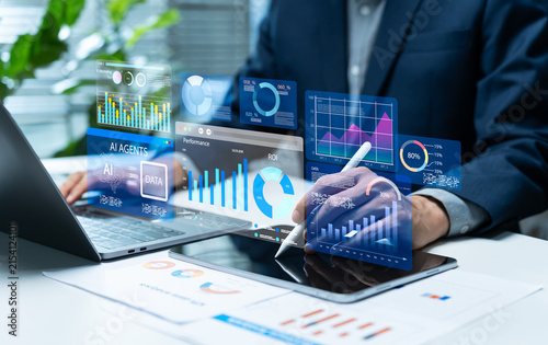 Картината върху платно Business professional analyzes AI agents and digital marketing data dashboards, using performance metrics, ROI charts, predictive analytics, automation, and insights for data driven business growth