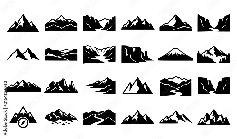 Fototapeta premium Mountain Peak Landscape Outline and Silhouette Vector Icons