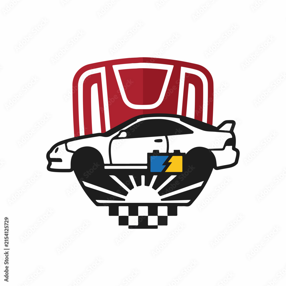 Fototapeta premium Vintage Race Car Emblem with Checkered Flag Design.