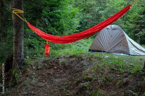 Outdoor Adventure Campsite with Hammock in the Forest