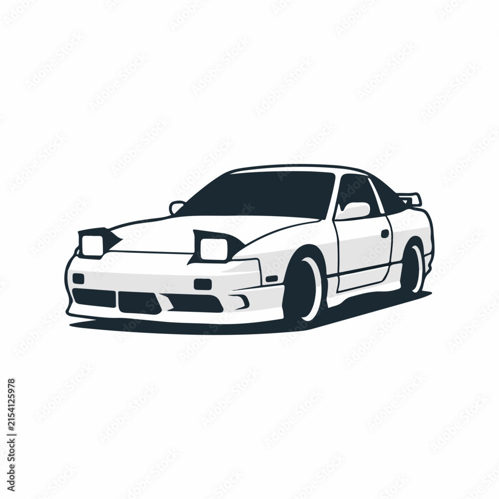Fototapeta premium White sports car illustration with bold black outline.