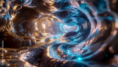 Close-up of swirling blue and gold liquid abstract pattern.