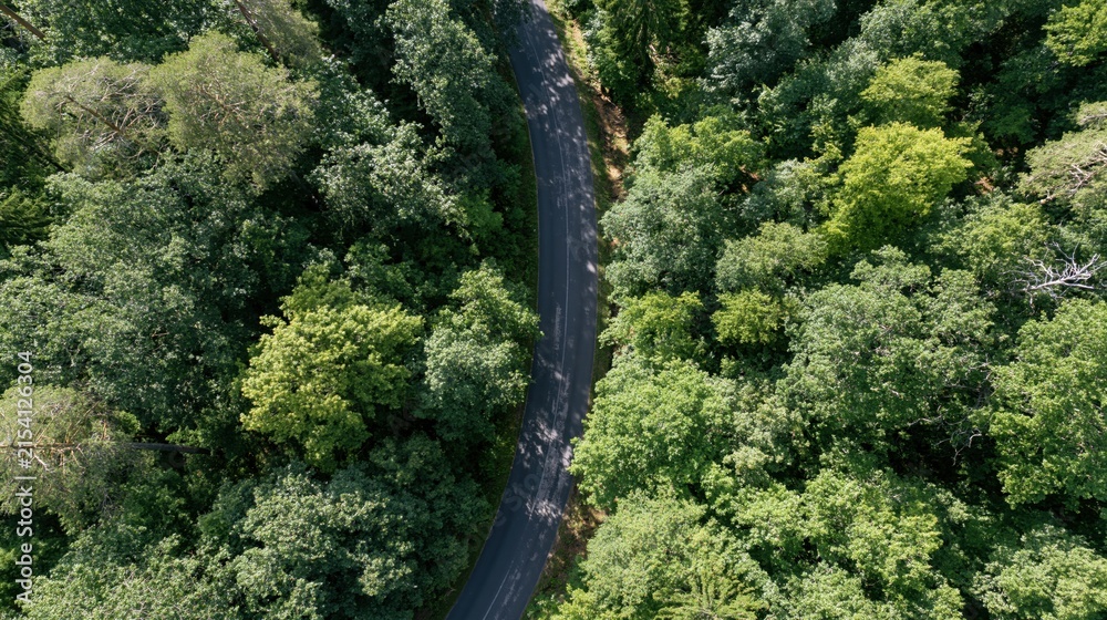 Fototapeta premium The Winding Forest Road Carving Through Dense Green Canopy from Above