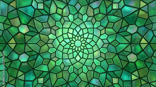 Green Stained Glass Abstract Pattern with Geometric Mosaic Design and Dark Lead Lines Featuring Art, Decorative, Ornamental