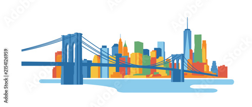 New York City Skyline with Brooklyn Bridge, Colorful Buildings, Isolated
