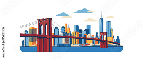 New York City Skyline with Brooklyn Bridge, Flat Illustration